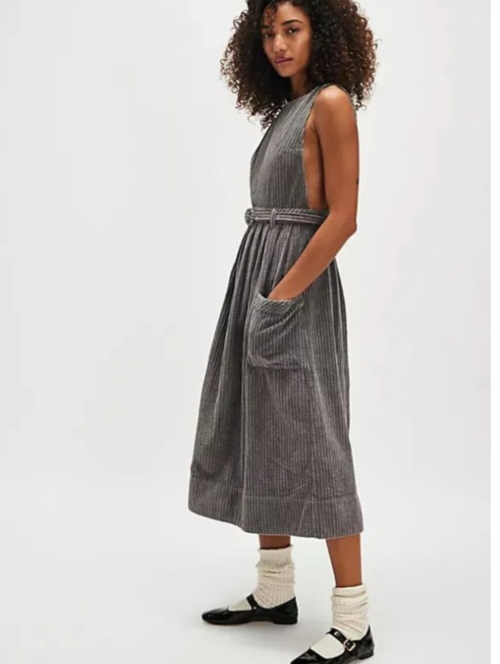 Free People Backless The Other Side Midi Dress in Gray Corduroy - Picture 4 of 8
